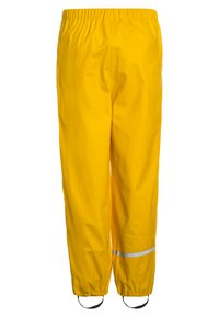 Geel waterdichte regenbroek met een elastische tailleband, reflecterende strip en verstelbare manchetten. Gemaakt van duurzaam materiaal met een gladde textuur.
