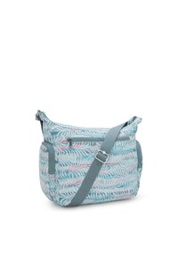 Borsa a spalla azzurro chiaro con un motivo a foglie in rosa e verde. Dotata di una tasca frontale con zip e una tracolla regolabile.