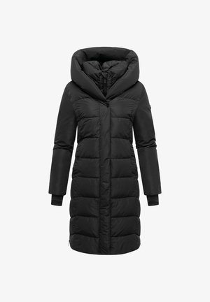 Zwarte pufferjas met een grote, opvouwbare capuchon. Voorzien van een ritssluiting, lange mouwen en zijzakken. Textuur, gewatteerd ontwerp voor warmte.