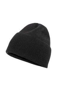 Gorro de punto negro con textura acanalada y dobladillo, diseñado para brindar calidez y comodidad.