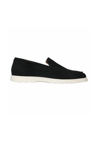 Black suede slip-on shoe with a white rubber sole, featuring a smooth surface and minimalistic design. No visible patterns or hardware.