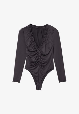 Body nere a maniche lunghe con scollatura a V profonda, dettaglio arricciato sul davanti e bordi a volant lungo il collo e le maniche.