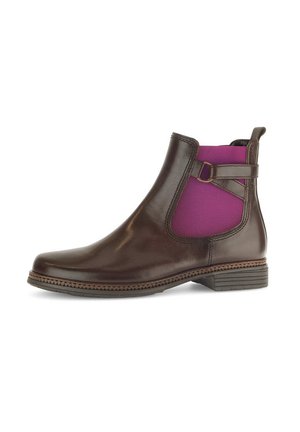 Brown leather ankle boot with purple elastic side panels, rounded toe, decorative strap, and textured brown outsole.