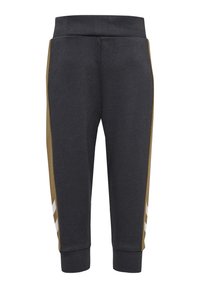 Mörkgrå sweatpants med resårmidja, med bruna sidostreck och tre vita chevronmönster på underbenet.