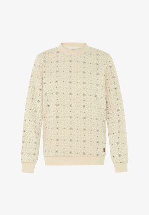 Lichtbeige sweatshirt met een ingewikkeld zwart en rood geometrisch patroon. Ribgebreide kraag en mouwuiteinden, met een klein merkteken op de zoom.