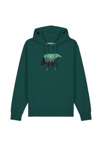 Türkiser Hoodie mit einer vorderen Kängurutasche. Verziert mit einer Grafik der Silhouette eines Bären, umgeben von Bäumen in einem Farbverlauf von Grün und Schwarz.