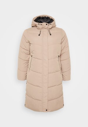 Beige gewatteerde winterjas met een zwarte binnenvoering, een capuchon met trekkoord en ritszakken aan de zijkanten. Heeft een knielange snit en drukknoopsluitingen.