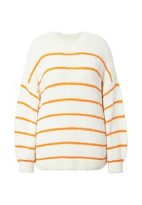 Weißer Pullover mit orangefarbenen horizontalen Streifen, runden Halsausschnitt, langen Ärmeln und einer weichen, strukturierten Strickoberfläche.