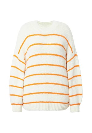 Suéter blanco con rayas horizontales naranjas, con un escote redondo, mangas largas y un acabado de punto suave y texturizado.