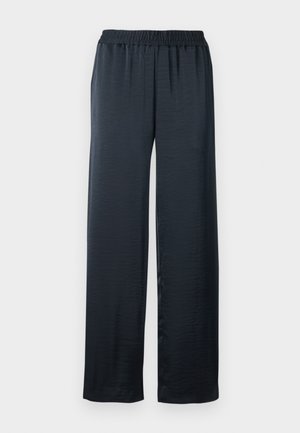 Pantaloni neri a gamba larga realizzati in un tessuto liscio e leggero. Presentano una vita elastica per il comfort e una silhouette fluida.