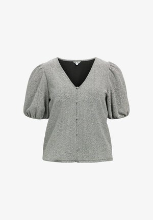 Gray short-sleeve blouse with puffed sleeves, V-neck, and front button closure, made from textured fabric.