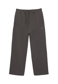 Mörkgrå sweatpants med elastisk midja och dragsko, med två sidofickor och en logotyp på vänster lår. Slät textur.