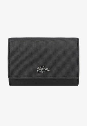 Black textured wallet made of synthetic material, featuring a silver logo on the front, with a fold-over flap and multiple compartments.
