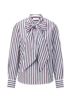 White blouse with vertical blue and burgundy stripes, featuring long sleeves and a large bow at the collar. Stylish and tailored design.