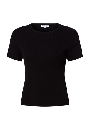 Schwarzes, geripptes T-Shirt mit kurzen Ärmeln. Rundhalsausschnitt, figurbetonte Form, glatte Textur. Label auf der Rückseite sichtbar mit Markennamen.