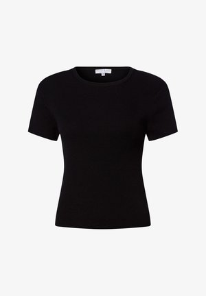 Zwarte geribbelde t-shirt met korte mouwen. Ronde halslijn, aansluitende pasvorm, gladde textuur. Etiket zichtbaar aan de achterkant met de merknaam.
