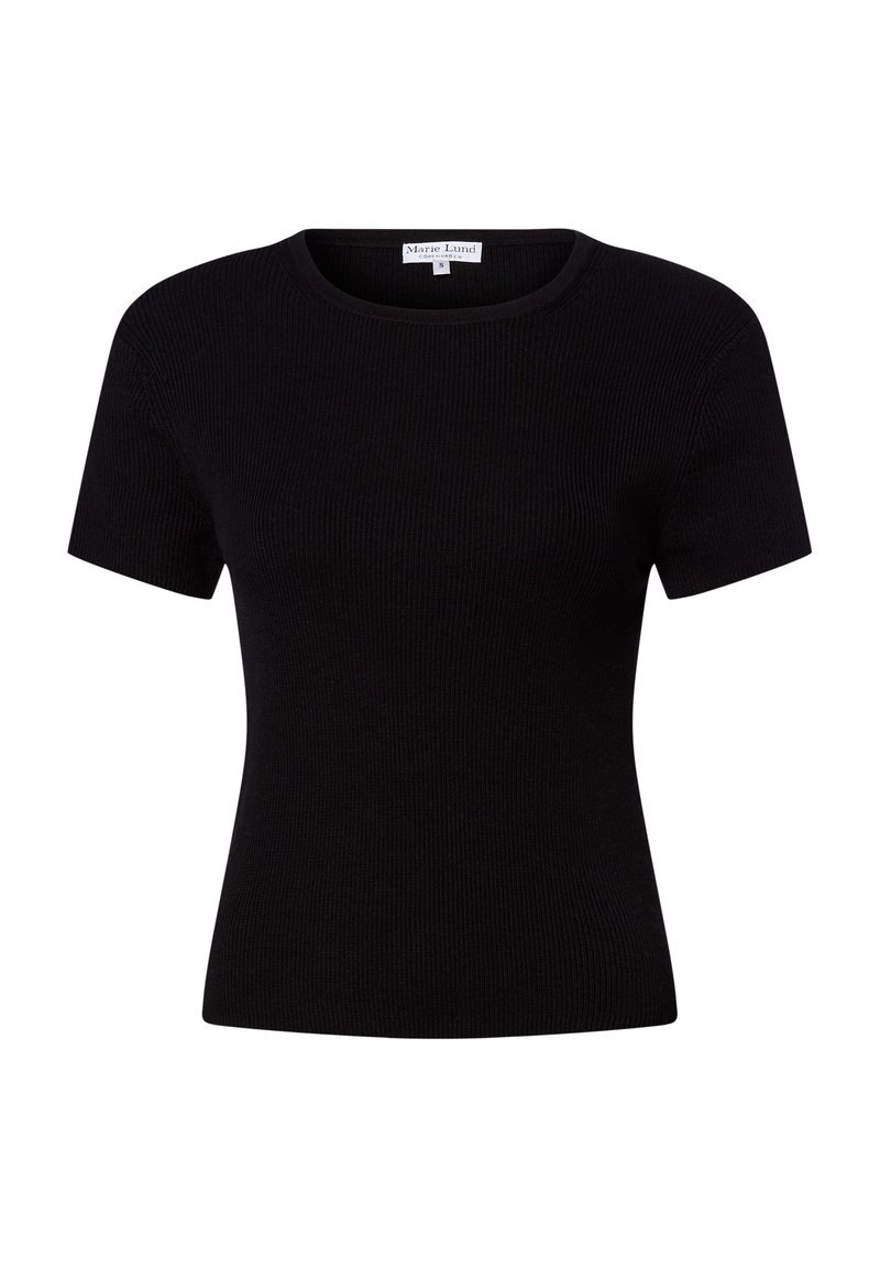 Zwarte geribbelde t-shirt met korte mouwen. Ronde halslijn, aansluitende pasvorm, gladde textuur. Etiket zichtbaar aan de achterkant met de merknaam.