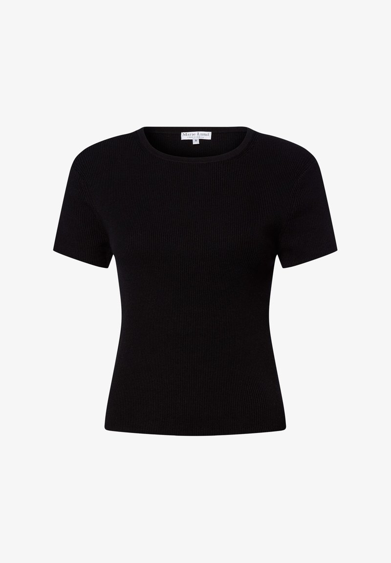 Zwarte geribbelde t-shirt met korte mouwen. Ronde halslijn, aansluitende pasvorm, gladde textuur. Etiket zichtbaar aan de achterkant met de merknaam.