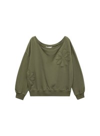Olijfgroene oversized sweatshirt van zachte stof. Bevat geborduurde bloemmotieven aan de voorkant, een brede halslijn en ribgebreide mouwen.