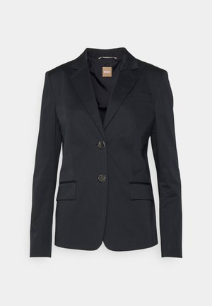 Black tailored blazer with notch lapels, two front buttons, flap pockets, and chest pocket, displayed on a flat white background.