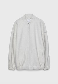 Lichtgrijze zip-up jas van zachte stof, met een hoge kraag, elastische boorden, twee voorzakken en een relaxte pasvorm.