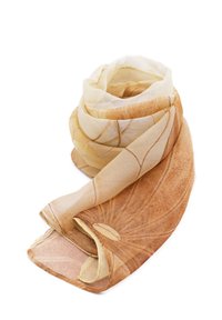 Sciarpa leggera e trasparente con motivo floreale in tonalità beige e marrone chiaro, dotata di bordi morbidi e una texture liscia.