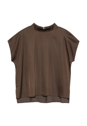 Braune Kurzarmbluse mit hohem Kragen und lockerem Schnitt, aus glat gewebtem Stoff, mit kleinem Knopfverschluss hinten.