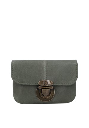 Kleine graue Lederbrieftasche mit abgerundeten Kanten und einem vintage bronzenen Schnappverschluss in der Mitte der Klappe.