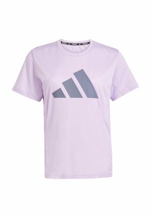 Purple athletic t-shirt made of lightweight fabric featuring a large grey Adidas logo across the chest and a crew neckline.