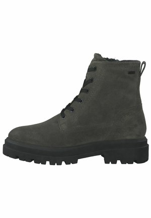 Bottines en damier vert foncé avec une finition texturée, un design à lacets et une semelle en caoutchouc noire épaisse, comportant 5 œillets et une boucle de traction.