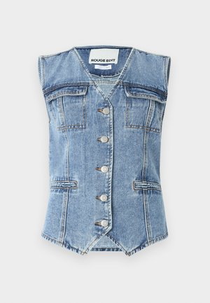 Denim prsluk u svijetloplavoj boji s bezrukavim dizajnom, šiljastim rubom, četiri džepa i srebrnim dugmadi sprijeda. Teksturna tkanina.