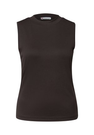 Top aderente senza maniche di colore marrone scuro con girocollo alto e tessuto liscio, etichettato "Street One" all'interno del colletto.