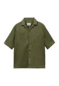 Short-sleeve olive green shirt made of linen, featuring two chest pockets, a button front, and a classic collared neckline.