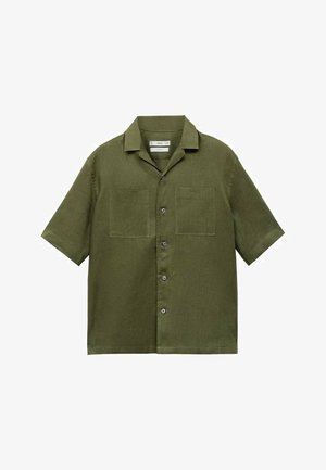 Kurzärmliges olivgrünes Hemd aus Leinen, mit zwei Brusttaschen, Knopfleiste und klassischem Kragen.
