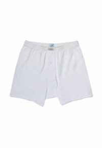 Boxer shorts bianchi in cotone con chiusura frontale a bottone, cintura elastica e una texture morbida. Presentano una vestibilità regolare e un'etichetta all'interno.