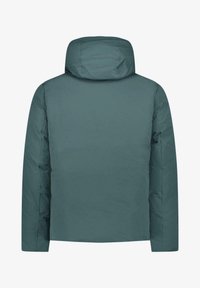 Kapuzen, teal pufferjack met een strak ontwerp en een gladde textuur. Heeft een ontspannen pasvorm en zichtbare stiksels langs de naden. Geen details aan de voorkant.