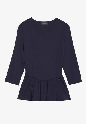 Mørkeblå peplum top med trekvart ærmer, rund halsudskæring og sammensnøring ved taljen. Fremstillet af blødt, strækbart materiale.