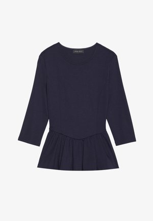 Mørkeblå peplum top med trekvart ærmer, rund halsudskæring og sammensnøring ved taljen. Fremstillet af blødt, strækbart materiale.