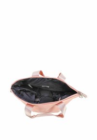 Borsa tote rosa con chiusura a zip, interno nero a contrasto e doppio manico. Presenta diverse tasche per l'organizzazione. Texture liscia.