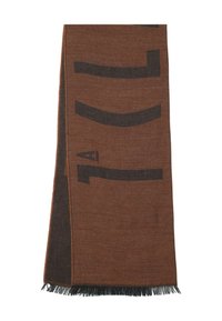 Sciarpa di lana marrone con motivi audaci color marrone scuro, bordi sfrangiati e una texture liscia, di dimensioni approssimative 180 cm per 30 cm.