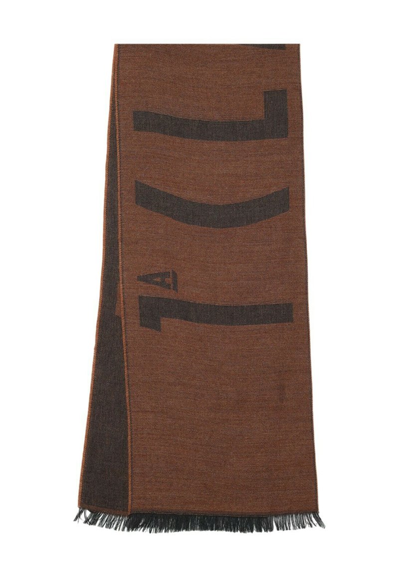 Sciarpa di lana marrone con motivi audaci color marrone scuro, bordi sfrangiati e una texture liscia, di dimensioni approssimative 180 cm per 30 cm.