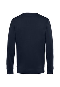 Felpa blu navy con maniche lunghe, colletto rotondo, polsini e orlo a coste. Texture liscia con un colore uniforme e senza motivi.