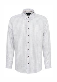 Weißes Langarmhemd mit Button-Down-Kragen, mit einem gemusterten Design aus kleinen schwarzen, blauen und roten Formen sowie braunen Knöpfen.