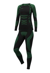 Schwarzes Thermo-Sportset mit langärmeligem Oberteil und Leggings. Strukturierte grüne Akzente und Muster verbessern die Sichtbarkeit und das Design.