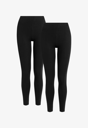 Due paia di leggings neri realizzati in un materiale liscio e elastico; presentano una vita alta e un design aderente. Nessun motivo o dettaglio decorativo.