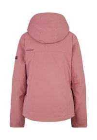 Rosa wasserabweisende Jacke mit Kapuze, ausgestattet mit einer Reißverschlusstasche auf dem Rücken und einem Logo auf der oberen linken Seite. Glatte Textur und strukturierte Passform.