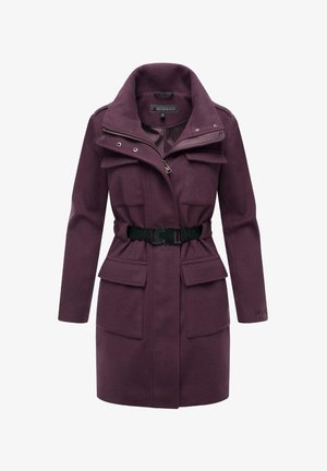 Lilla villasegude mantel kõrge kraega, luku sulgemisega, esiste taskutega, vöödiga puusalt ja pehme tekstuuriga viimistlusega.