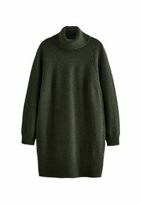 Übergroßes grünes Strickkleid mit einem gerippten Rollkragen, mit strukturierten Schulterpaneelen sowie gerippten Bündchen und Saum. Aus weichem Wollmischmaterial.