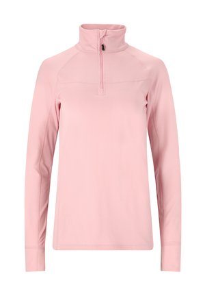 Ljus rosa långärmad skjorta med hög krage och halvlång dragkedja, gjord av mjukt, slätt tyg. Platta sömmar och figursytt snitt.