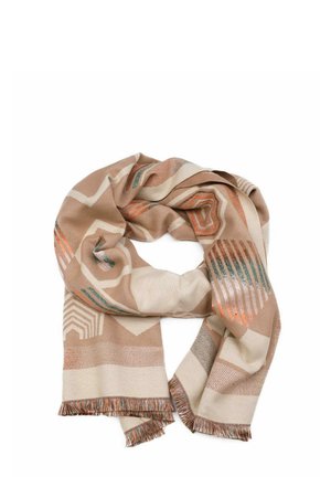 Sciarpa beige e crema con motivo geometrico in arancione e verde, con dettagli a frange lungo i bordi. Realizzata in tessuto morbido.